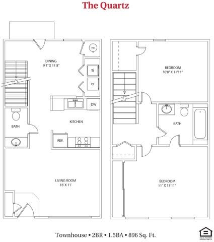 Floor plan for 2 beds, 1.5 baths, 896 sqft