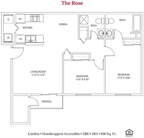 Floor plan for 2 beds, 2 baths, 890 sqft