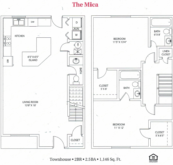 Floor plan for 2 beds, 2.5 baths, 1146 sqft