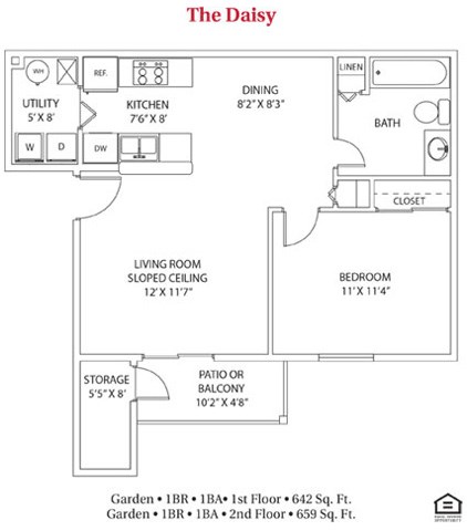 Floor plan for 1 bed, 1 bath, 659 sqft