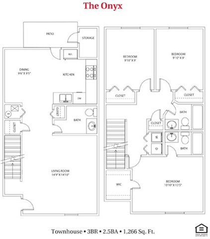 Floor plan for 3 beds, 2.5 baths, 1266 sqft