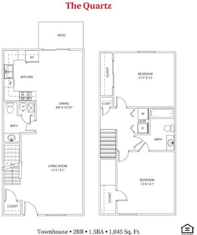 Floor plan for 2 beds, 1.5 baths, 1045 sqft