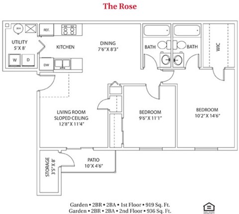 Floor plan for 2 beds, 2 baths, 919 sqft