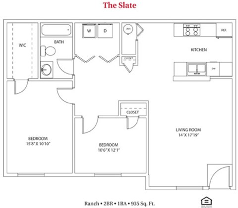 Floor plan for 2 beds, 1 bath, 935 sqft