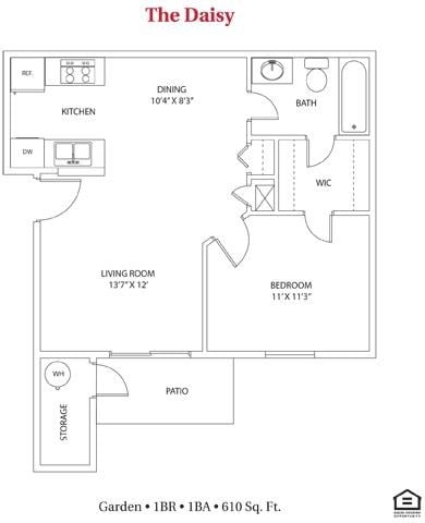 Floor plan for 1 bed, 1 bath, 610 sqft