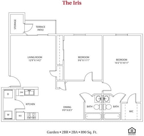 Floor plan for 2 beds, 2 baths, 890 sqft