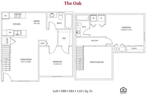 Floor plan for 2 beds, 2 baths, 1011 sqft