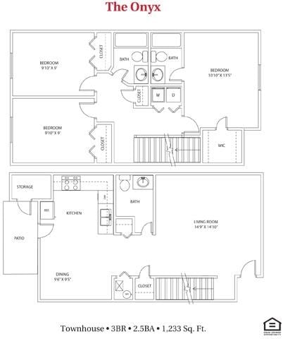 Floor plan for 3 beds, 2.5 baths, 1233 sqft