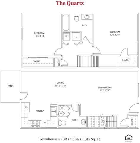 Floor plan for 2 beds, 1.5 baths, 1045 sqft