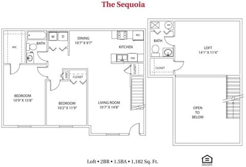 Floor plan for 2 beds, 1.5 baths, 1182 sqft