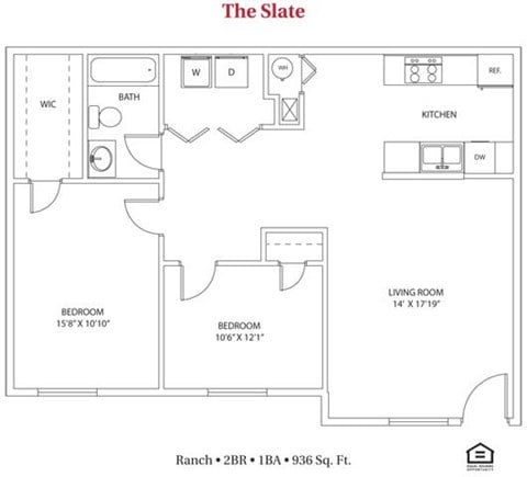 Floor plan for 2 beds, 1 bath, 936 sqft