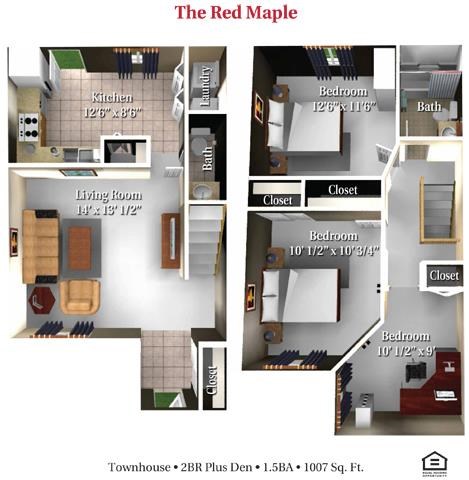 Floor plan for 2 beds, 1.5 baths, 1010 sqft