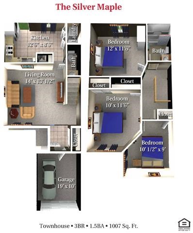 Floor plan for 3 beds, 1.5 baths, 1010 sqft