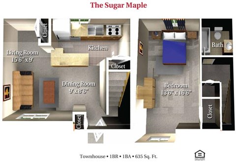 Floor plan for 1 bed, 1 bath, 650 sqft