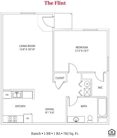 Floor plan for 1 bed, 1 bath, 701 sqft