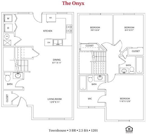 Floor plan for 3 beds, 2.5 baths, 1189 sqft