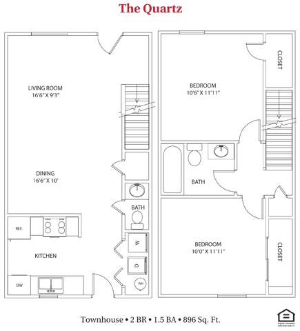 Floor plan for 2 beds, 1.5 baths, 896 sqft