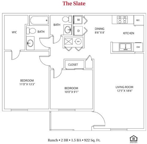 Floor plan for 2 beds, 1.5 baths, 918 sqft