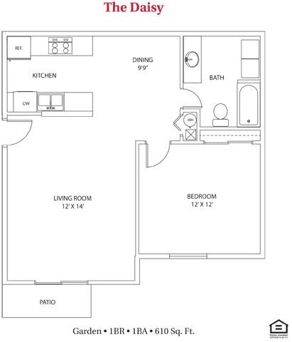 Floor plan for 1 bed, 1 bath, 610 sqft