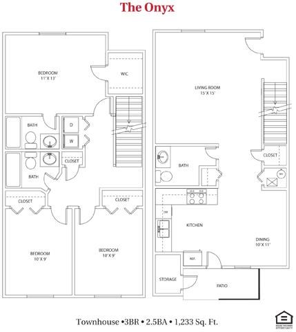 Floor plan for 3 beds, 2.5 baths, 1233 sqft