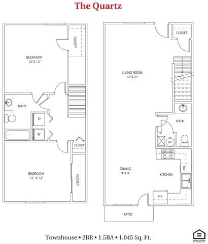 Floor plan for 2 beds, 1.5 baths, 1045 sqft