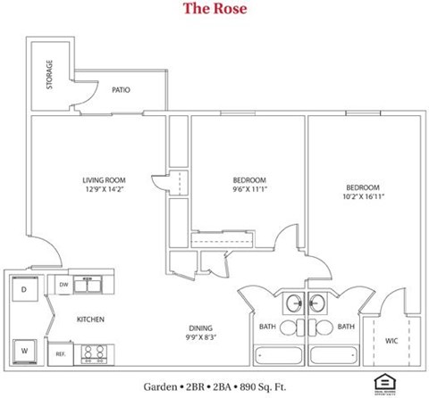 Floor plan for 2 beds, 2 baths, 890 sqft