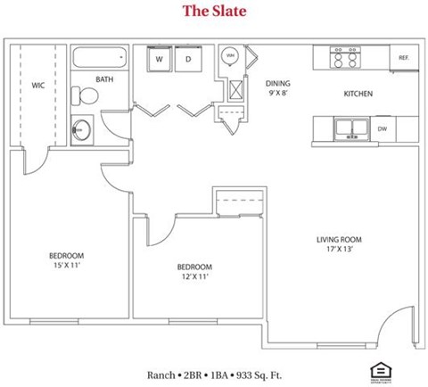 Floor plan for 2 beds, 1 bath, 935 sqft