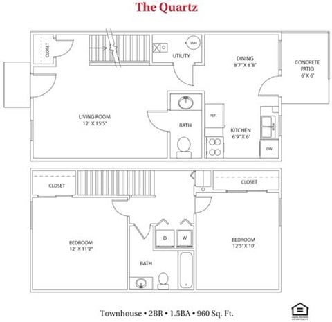 Floor plan for 2 beds, 1.5 baths, 960 sqft