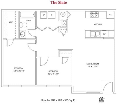 Floor plan for 2 beds, 1 bath, 935 sqft