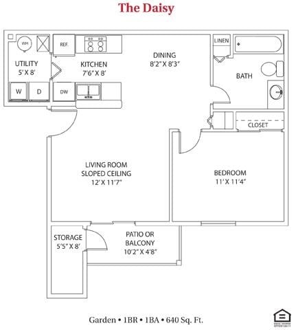 Floor plan for 1 bed, 1 bath, 640 sqft