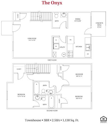 Floor plan for 3 beds, 2.5 baths, 1130 sqft