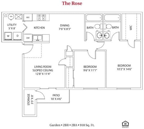 Floor plan for 2 beds, 2 baths, 918 sqft