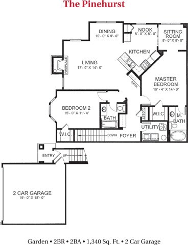 Floor plan for 2 beds, 2 baths, 1340 sqft