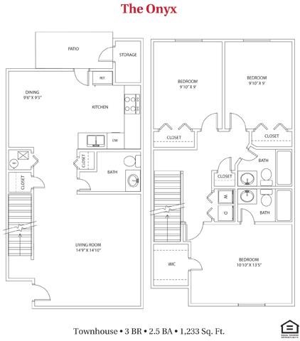Floor plan for 3 beds, 2.5 baths, 1266 sqft