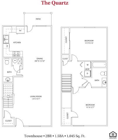 Floor plan for 2 beds, 1.5 baths, 1045 sqft