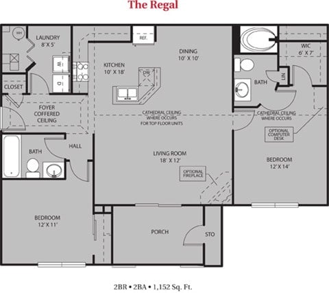Floor plan for 2 beds, 2 baths, 1152 sqft