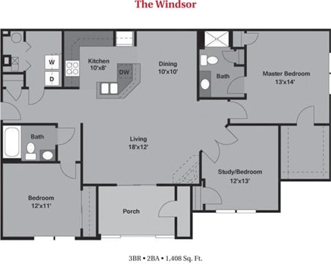 Floor plan for 3 beds, 2 baths, 1408 sqft
