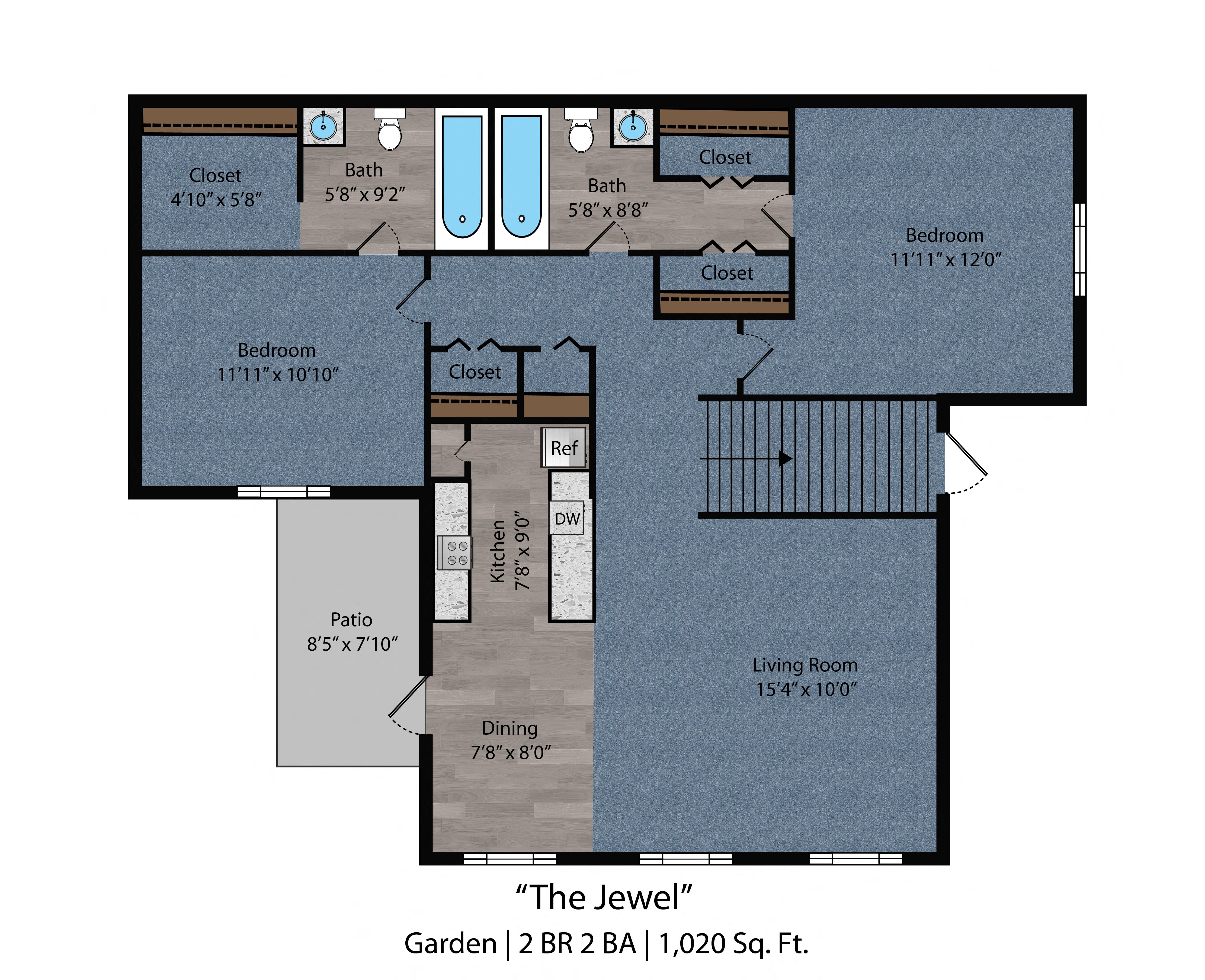 Floor plan for 2 beds, 2 baths, 1028 sqft