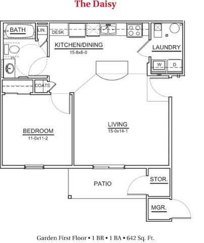 Floor plan for 1 bed, 1 bath, 672 sqft