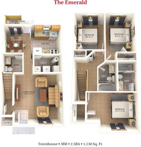 Floor plan for 3 beds, 2.5 baths, 1130 sqft