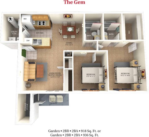 Floor plan for 2 beds, 2 baths, 918 sqft