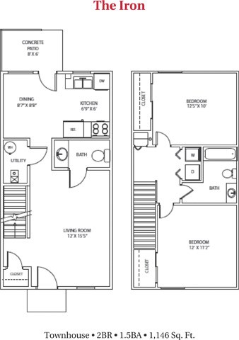 Floor plan for 2 beds, 1.5 baths, 960 sqft