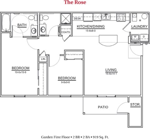 Floor plan for 2 beds, 2 baths, 971 sqft