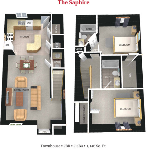 Floor plan for 2 beds, 2.5 baths, 1125 sqft