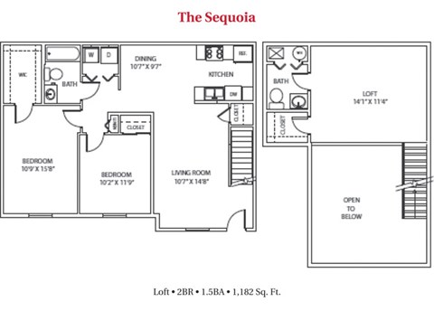 Floor plan for 2 beds, 1.5 baths, 1182 sqft