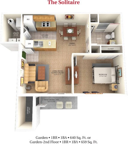 Floor plan for 1 bed, 1 bath, 640 sqft