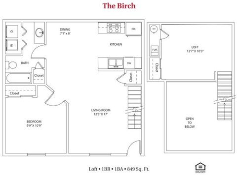 Floor plan for 1 bed, 1 bath, 849 sqft