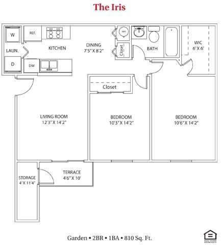 Floor plan for 2 beds, 1 bath, 810 sqft