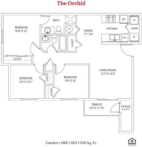 Floor plan for 3 beds, 2 baths, 959 sqft