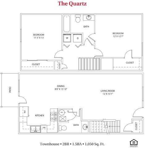 Floor plan for 2 beds, 1.5 baths, 1050 sqft